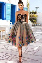 Vestidos de fiesta cortos con escote corazón y corte A, con mariposas, PD409
