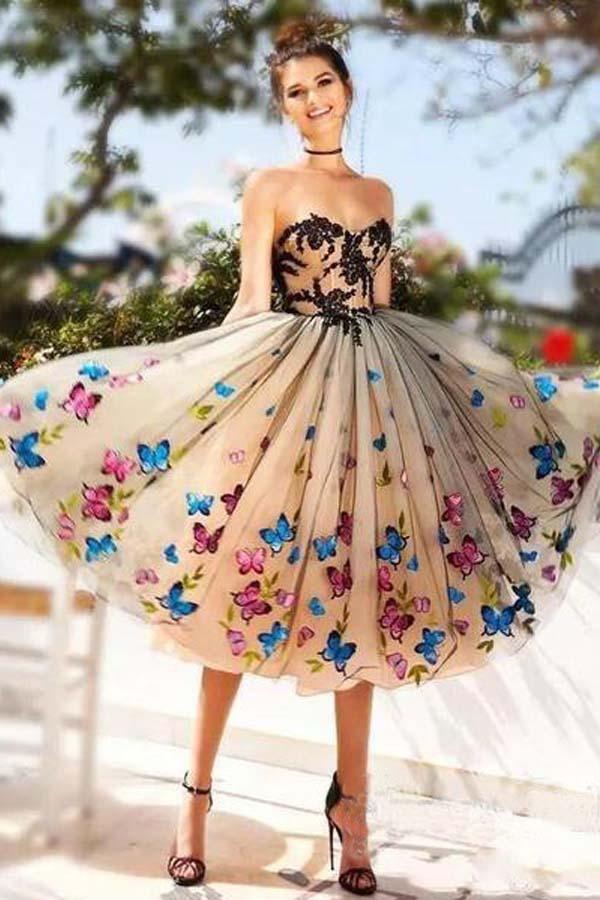 Vestidos de fiesta cortos con escote corazón y corte A, con mariposas, PD409