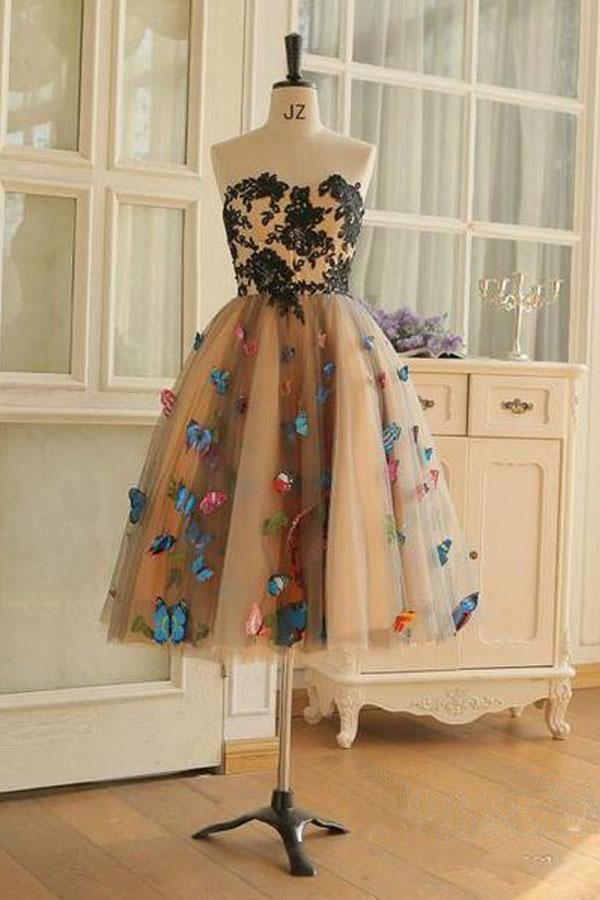 Vestidos de fiesta cortos con escote corazón y corte A, con mariposas, PD409