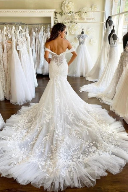 Herzausschnitt Off-the-Shoulder Meerjungfrau Brautkleid Tüll Spitze Applikationen Brautkleid