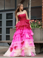 Xiomara | Vestido de fiesta largo con escote corazón, plisado y volantes