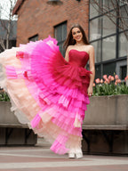 Xiomara | Vestido de fiesta largo con escote corazón, plisado y volantes