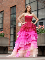 Xiomara | Vestido de fiesta largo con escote corazón, plisado y volantes