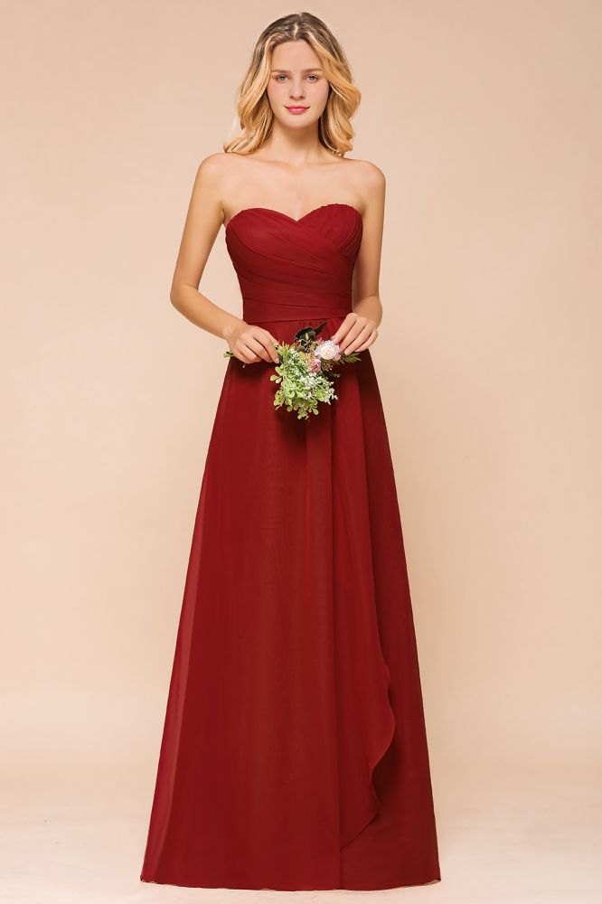 Vestido de dama de honor rojo con escote corazón de gasa hasta el suelo, vestido de invitada de boda sin espalda