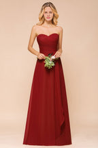 Vestido de dama de honor rojo con escote corazón de gasa hasta el suelo, vestido de invitada de boda sin espalda