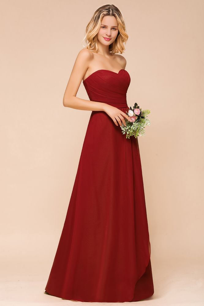 Vestido de dama de honor rojo con escote corazón de gasa hasta el suelo, vestido de invitada de boda sin espalda