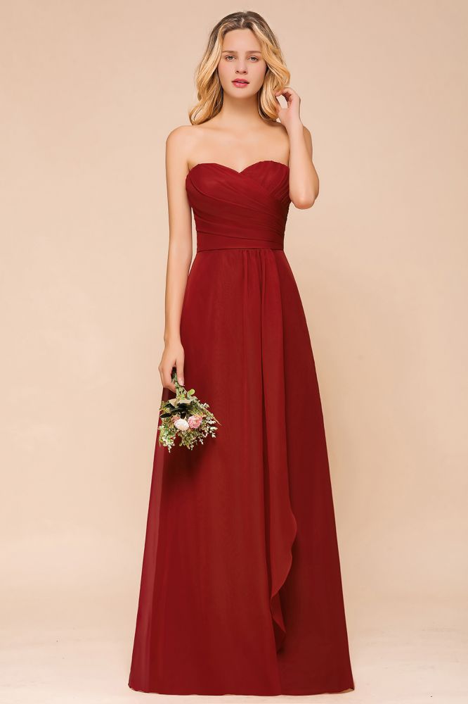 Vestido de dama de honor rojo con escote corazón de gasa hasta el suelo, vestido de invitada de boda sin espalda