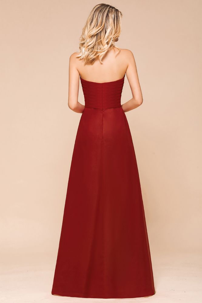 Vestido de dama de honor rojo con escote corazón de gasa hasta el suelo, vestido de invitada de boda sin espalda