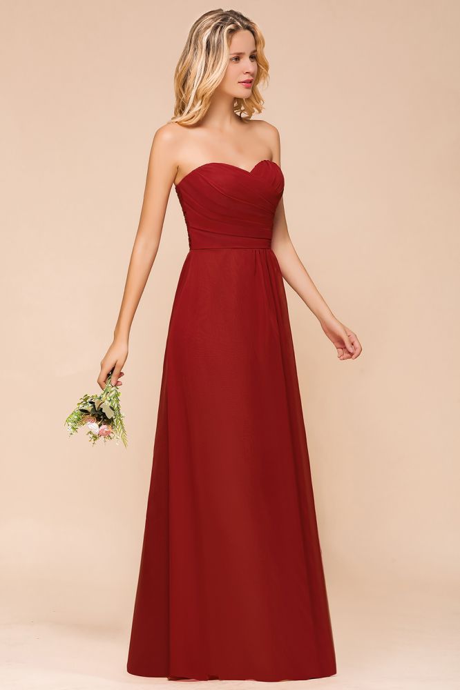 Vestido de dama de honor rojo con escote corazón de gasa hasta el suelo, vestido de invitada de boda sin espalda