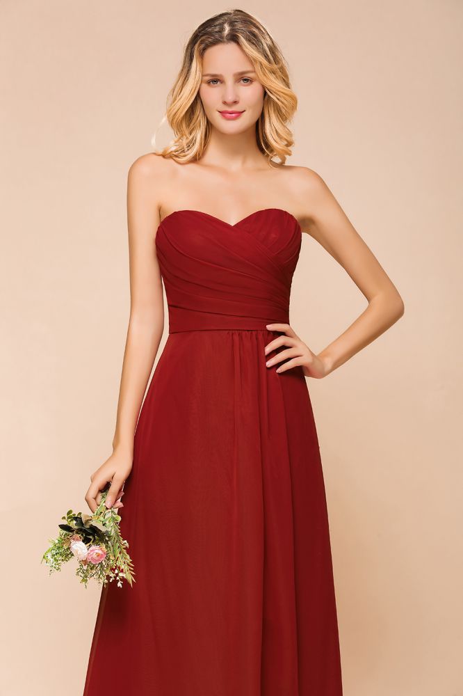 Vestido de dama de honor rojo con escote corazón de gasa hasta el suelo, vestido de invitada de boda sin espalda