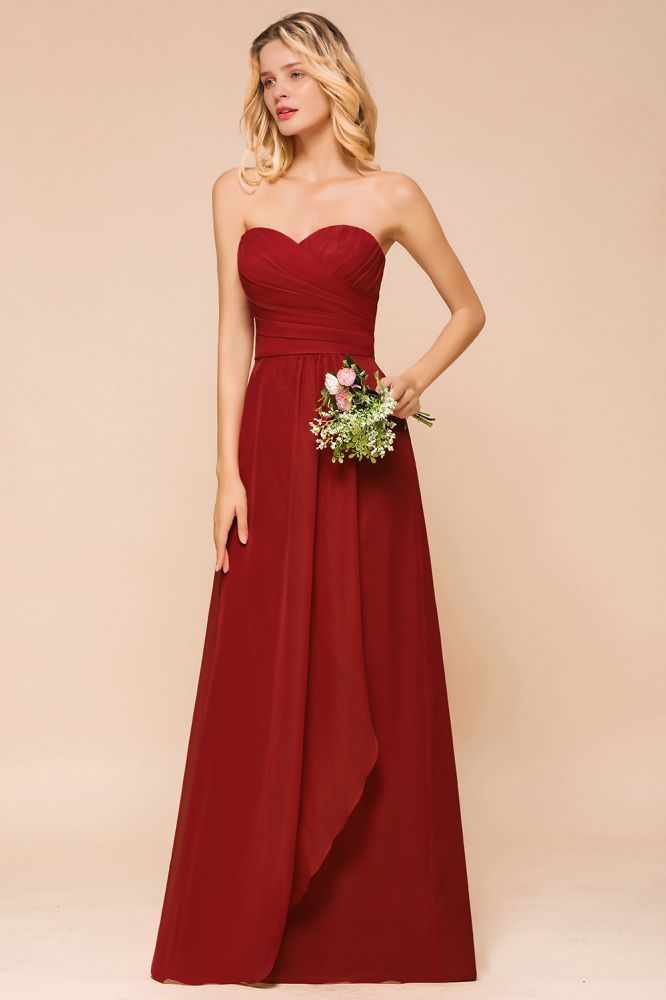 Vestido de dama de honor rojo con escote corazón de gasa hasta el suelo, vestido de invitada de boda sin espalda