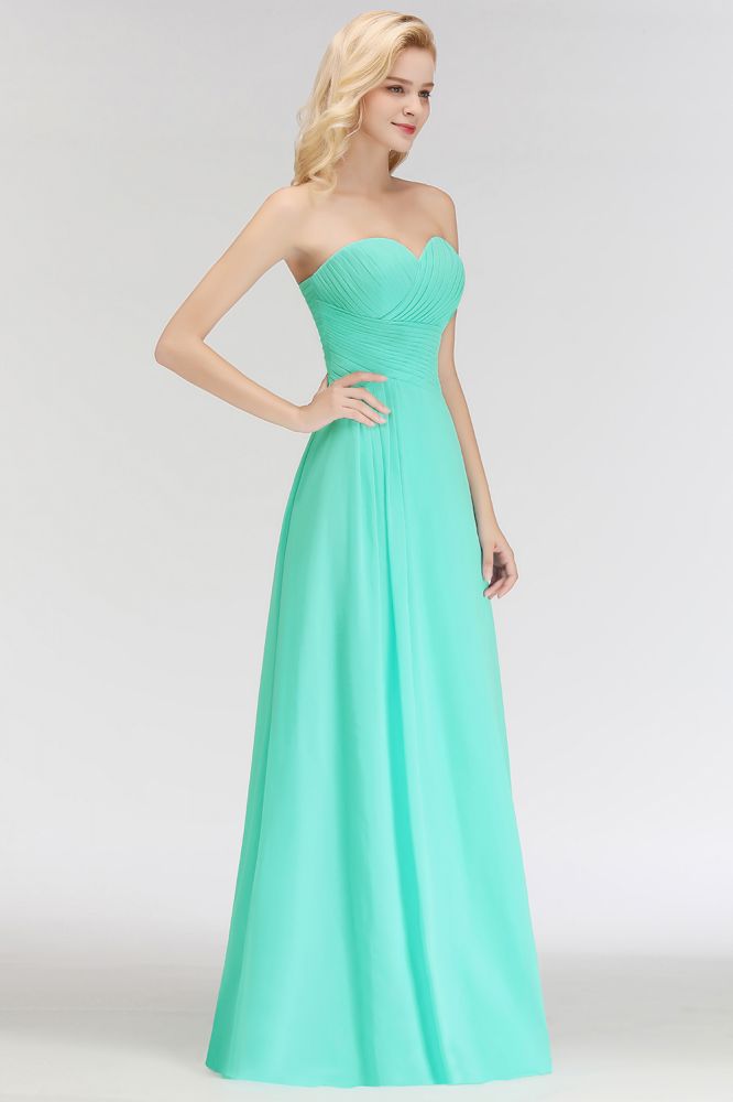Vestido de dama de honor con escote corazón, sin tirantes, largo hasta el suelo, con volantes en la parte superior