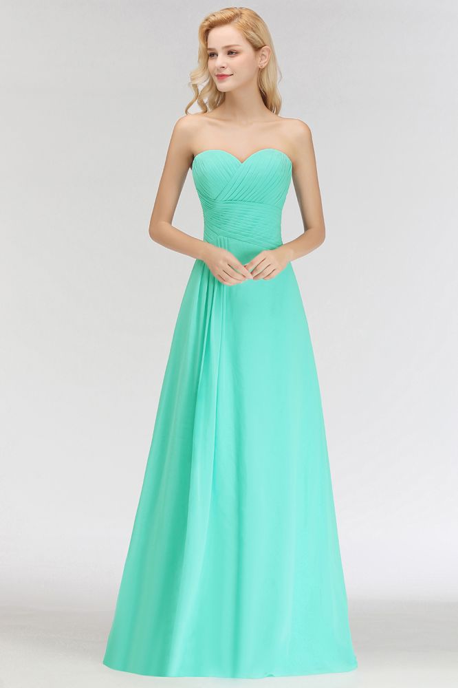 Vestido de dama de honor con escote corazón, sin tirantes, largo hasta el suelo, con volantes en la parte superior