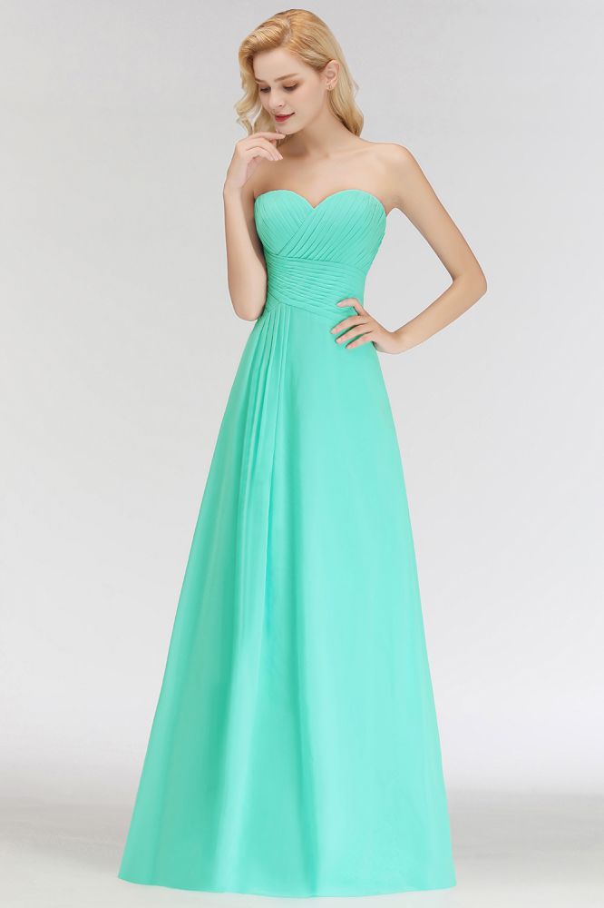 Vestido de dama de honor con escote corazón, sin tirantes, largo hasta el suelo, con volantes en la parte superior