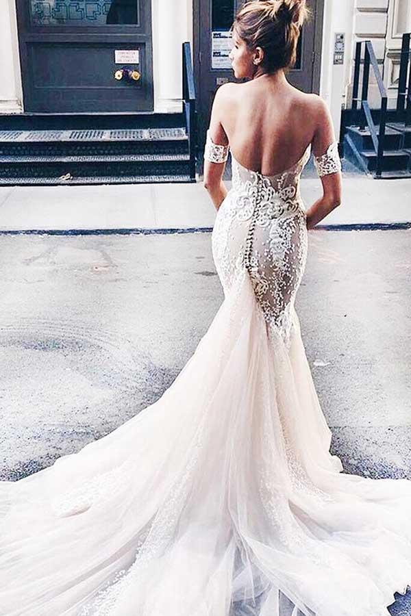 Sweetheart Watteau Train Mermaid Wedding Dress with White Lace WD270