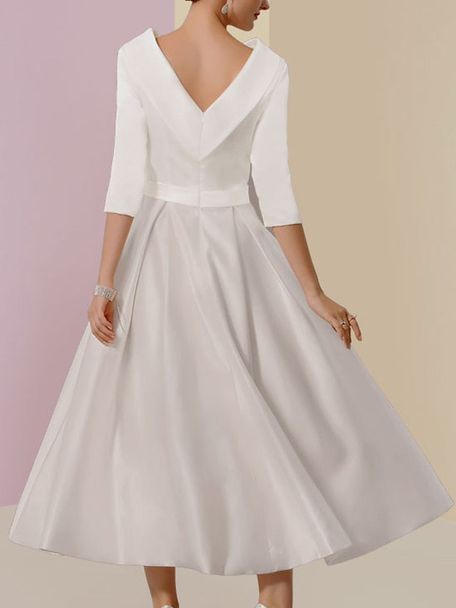 Vestidos de madre de la novia de corte A/princesa, escote joya, media manga, largo hasta la rodilla, con bolsillos y pliegues