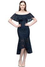 Vestidos de fiesta de encaje con hombros descubiertos, corte sirena, color negro, hasta la rodilla