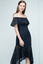 Vestidos de fiesta de encaje con hombros descubiertos, corte sirena, color negro, hasta la rodilla