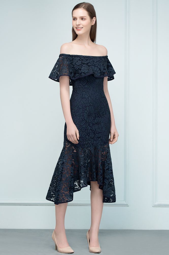 Vestidos de fiesta de encaje con hombros descubiertos, corte sirena, color negro, hasta la rodilla