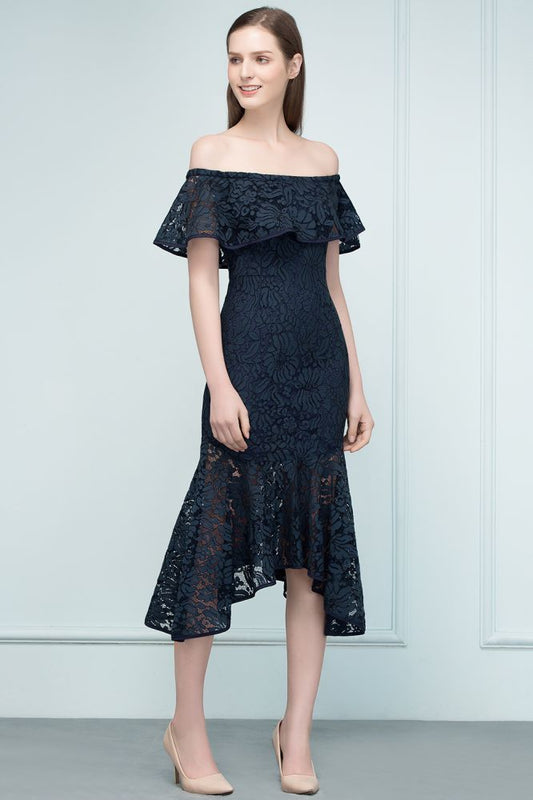 Tea Length Black Mermaid Off-shoulder Lace Prom Dresses