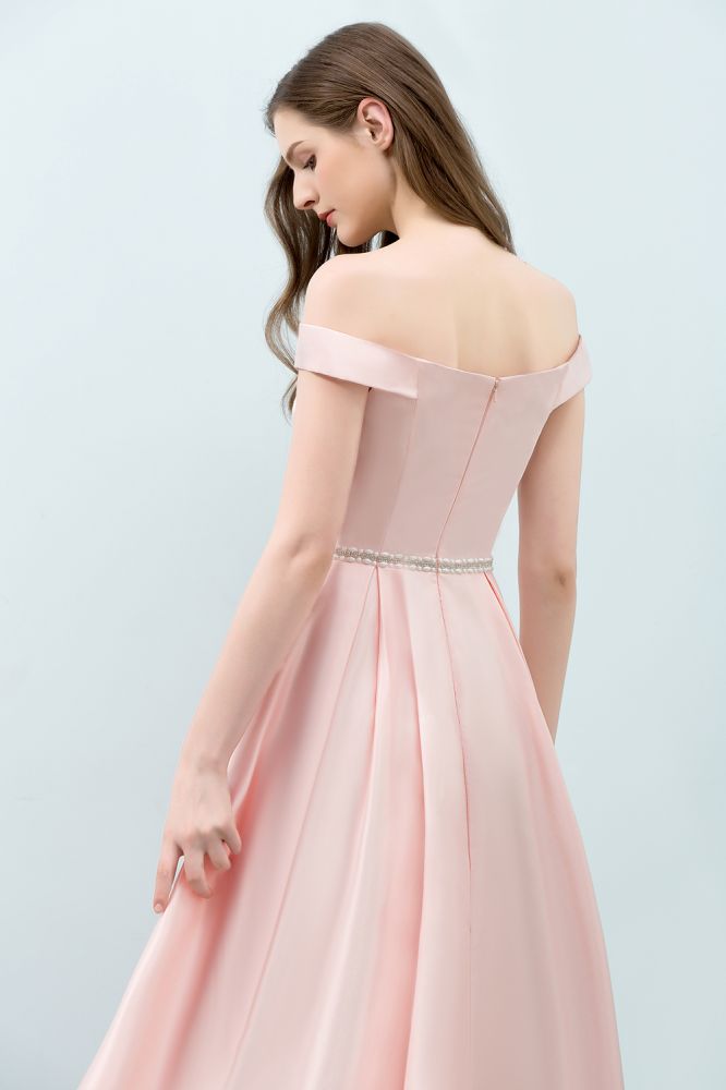Vestidos de fiesta rosas de corte A, con hombros descubiertos y faja, hasta la rodilla