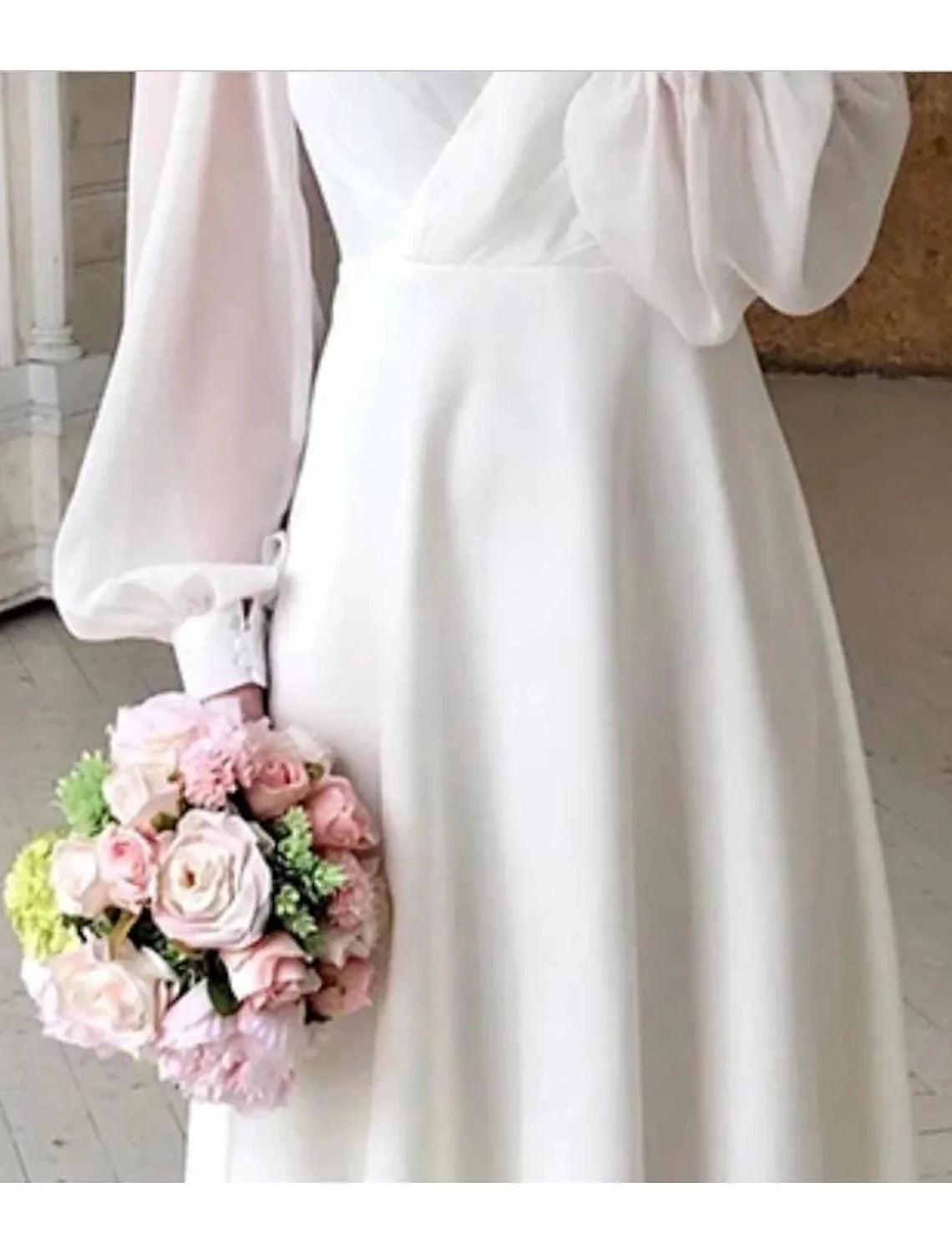 Empfang Kleine Weiße Kleider Brautkleider A-Linie V-Ausschnitt Langarm Knöchellang Chiffon Brautkleider Mit Volltonfarbe