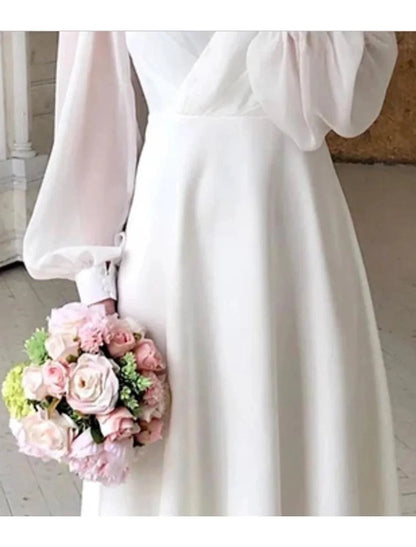 Empfang Kleine Weiße Kleider Brautkleider A-Linie V-Ausschnitt Langarm Knöchellang Chiffon Brautkleider Mit Volltonfarbe