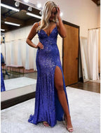 Meerjungfrau-Trompeten-Ballkleid, funkelndes Glanzkleid, formelle Hochzeitsfeier, Sweep-Pinselzug, ärmellos, V-Ausschnitt, Pailletten, rückenfrei mit Glitzerpailletten