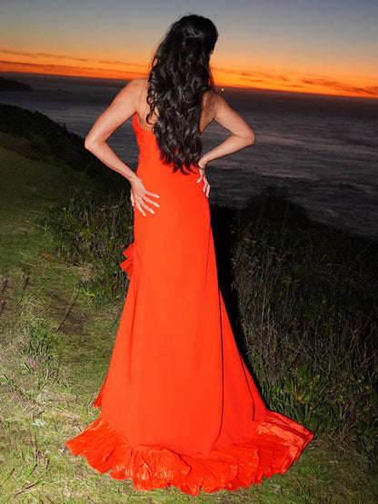 Theodoric | Red Strapless Ruffles Scoop Neck Mermaid Sleeveless Long Prom Dress