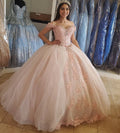 Vestido de quinceañera de tul rosa claro con cuentas y cristales, hombros descubiertos, estilo princesa, para fiesta de graduación, color rosa ruborizado, S27021