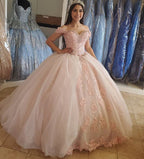 Vestido de quinceañera de tul rosa claro con cuentas y cristales, hombros descubiertos, estilo princesa, para fiesta de graduación, color rosa ruborizado, S27021