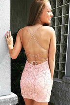 Vestido de fiesta corto rosa con apliques y lazo en la espalda, vestido de regreso a casa PD327