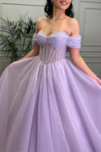 Tiffany | Vestido de fiesta de tul color lavanda con cuentas y corte en A, hombros descubiertos