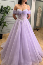 Tiffany | Vestido de fiesta de tul color lavanda con cuentas y corte en A, hombros descubiertos