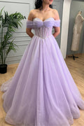 Tiffany | Vestido de fiesta de tul color lavanda con cuentas y corte en A, hombros descubiertos
