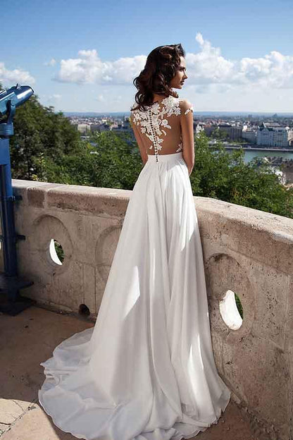 Top lace Appliques Side Slit Chiffon Party Evening Prom Dresses
