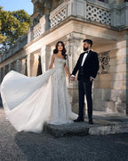 Trendy Floor Length Square Spaghetti Straps Sleeveless Mermaid Lace Wedding Dress