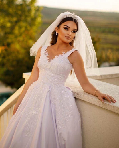 Trendy Floor Length Sweetheart Traps Sleeveless A-Line Satin Wedding Dress with Beads