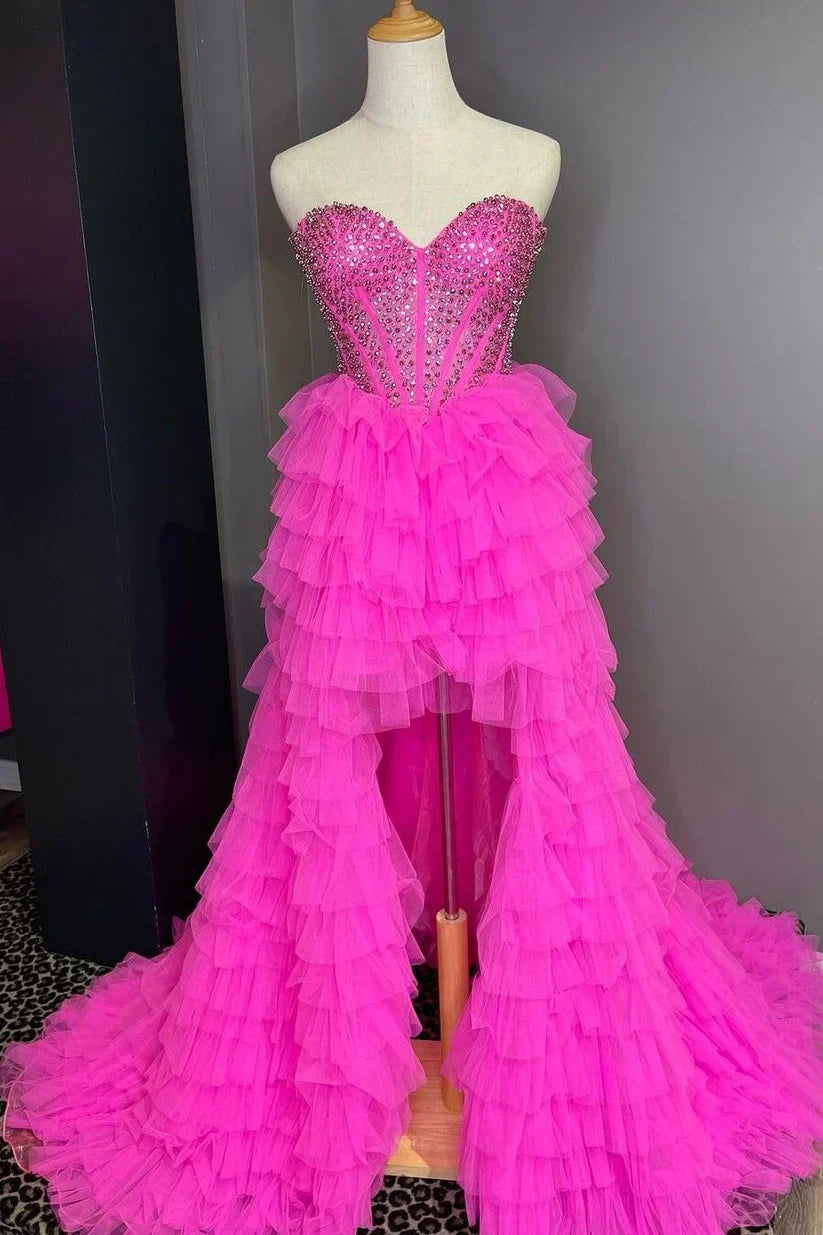 Spencer | Vestido de fiesta de tul con escote en forma de A, escote en forma de corazón, cuentas y corte asimétrico
