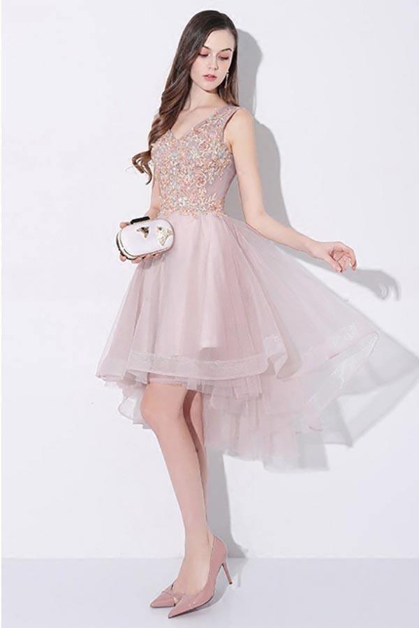 Tulle High Low V-neck Homecoming Prom Dress Sleeveless PD093
