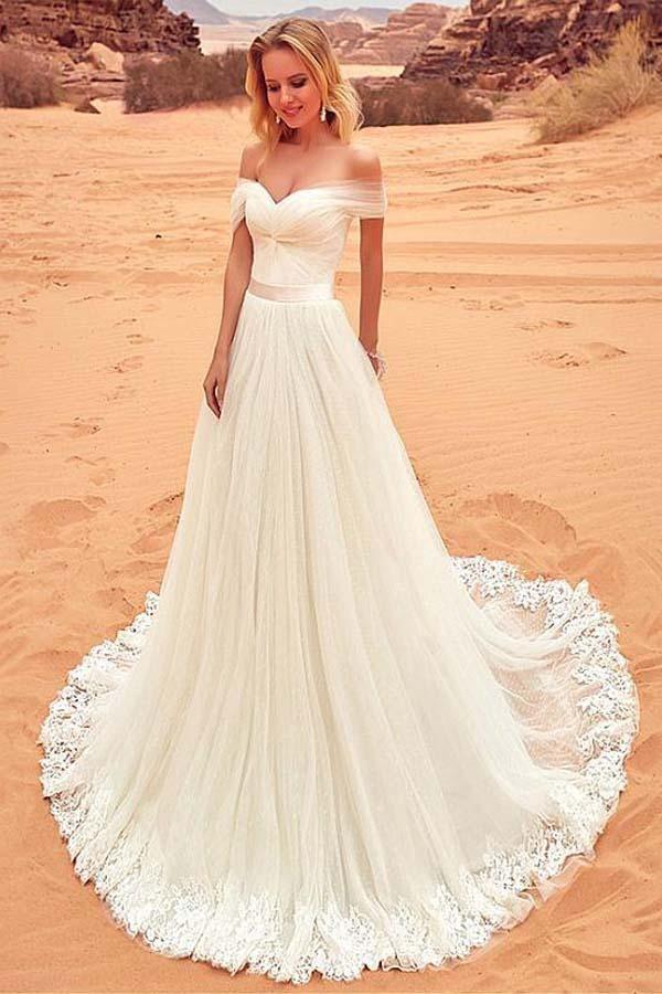 Tulle Off-the-shoulder Neckline  Wedding Dress With Lace Appliques WD201