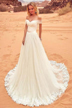 Tulle Off-the-shoulder Neckline  Wedding Dress With Lace Appliques WD201