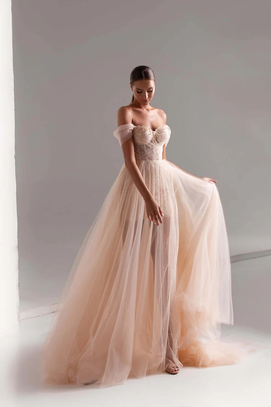 Vestido de fiesta de tul, corte A, largo, con cuentas brillantes
