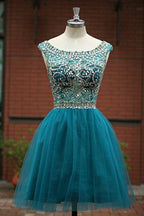 Vestidos de fiesta de tul con escote redondo y corte A PG050