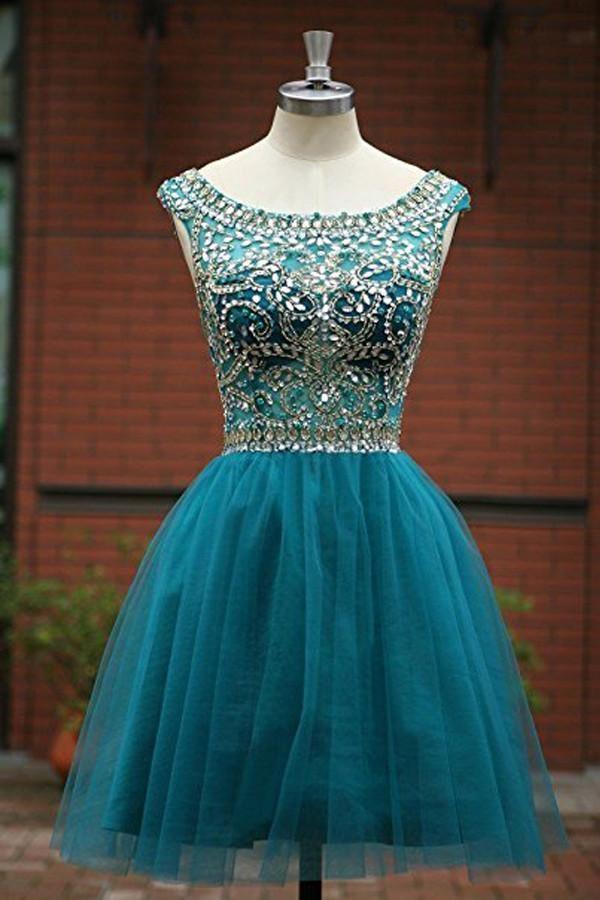 Vestidos de fiesta de tul con escote redondo y corte A PG050