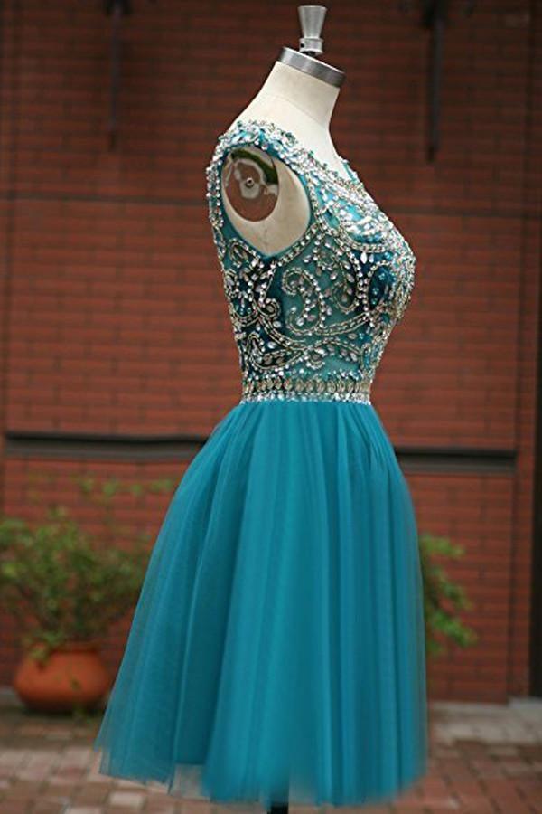 Vestidos de fiesta de tul con escote redondo y corte A PG050