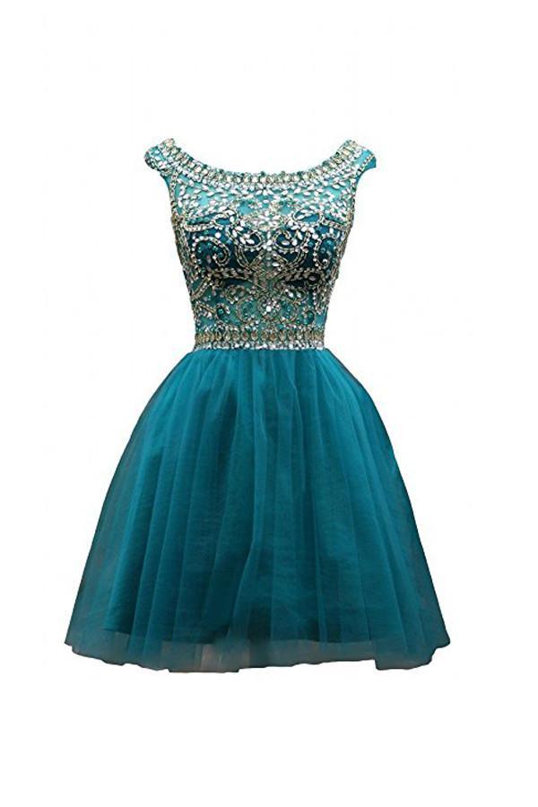 Vestidos de fiesta de tul con escote redondo y corte A PG050