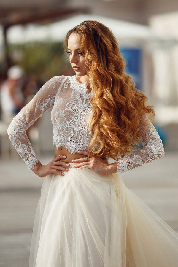 Zweiteiliges langes A-Linien-Brautkleid aus Spitzentüll mit Ärmeln