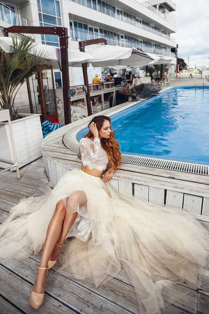 Two Piece A-line Long Lace Tulle Wedding Dress with Sleeves
