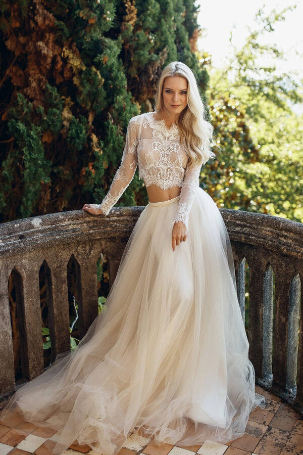 Zweiteiliges langes A-Linien-Brautkleid aus Spitzentüll mit Ärmeln
